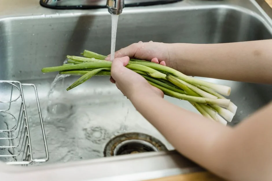 why-choose-us-02 Eco-friendly cleaning brushes and eucalyptus branches in a reusable net bag on white surface.